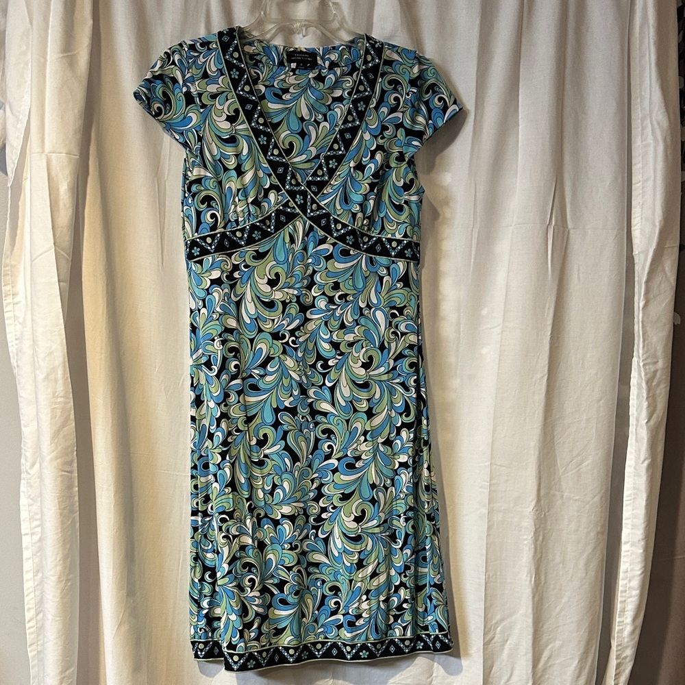 Tahari ASL Blue and Green Swirl Midi Dress